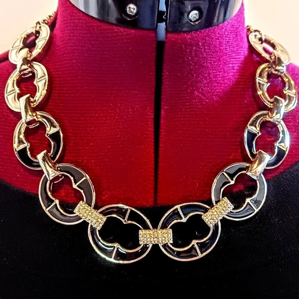 Vintage Ann Taylor Silver Black Enamel Pave Mariner Link Necklace